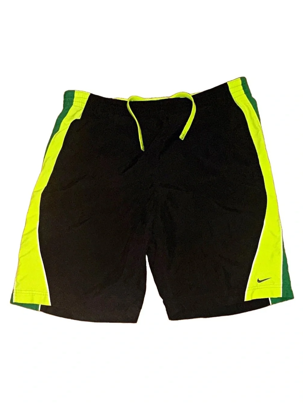 Nike Men's Black Swim Shorts with Neon Yellow and Green Accents